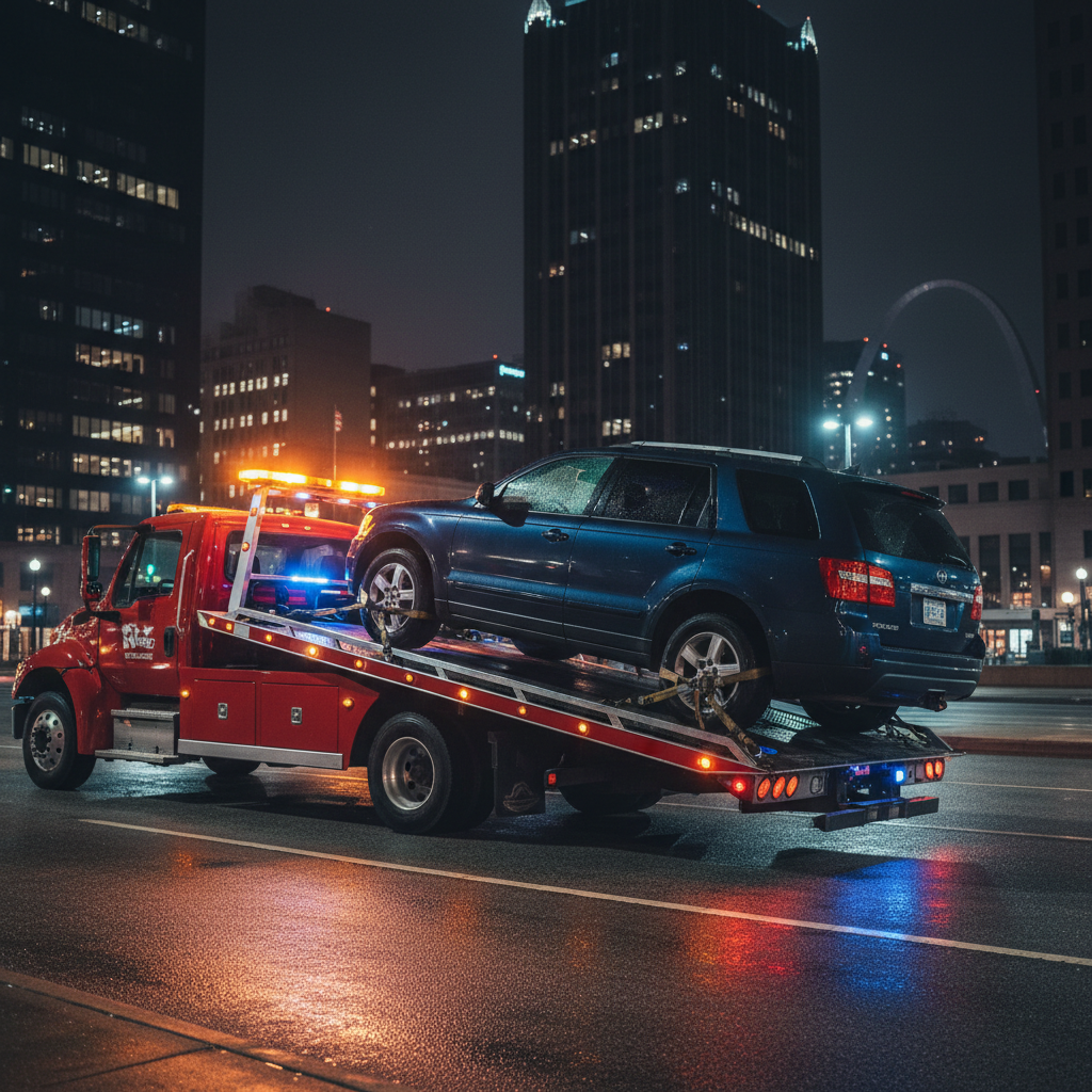 A nighttime scene of a red tow truck safely securing a disabled dark-blue SUV on a wide city street in St. Louis, captured in photographic realism. The truck’s amber and white LED light bar glows brightly, casting reflections along the wet asphalt and the SUV’s bodywork. Streetlights and distant city buildings create a soft, blurred backdrop, with the iconic arch barely visible in the distance. The tow truck’s hydraulic flatbed is tilted, with steel cables and tie-down straps glistening under the mixed warm and cool lighting. Shot from a slightly low, three-quarter angle to emphasize capability and readiness, the mood conveys dependable 24/7 service, calm efficiency, and security during emergencies.