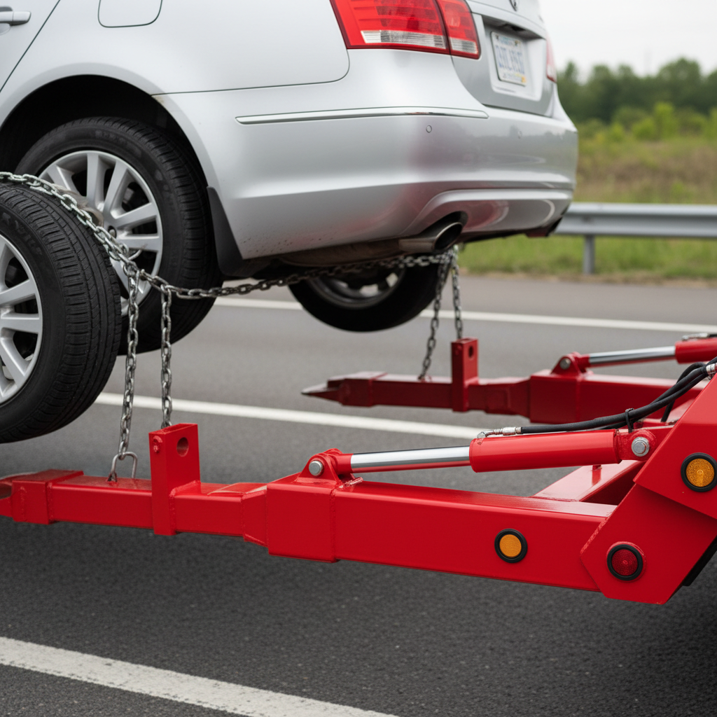 A close-up, photographic view of a bright red tow truck’s wheel-lift mechanism securely positioned under a stranded silver sedan’s rear wheels on the shoulder of a well-maintained highway. The steel arms, hydraulic pistons, and safety chains are sharply detailed, showing brushed metal textures, safety reflectors, and fresh paint. Soft overcast daylight creates even, neutral lighting with minimal harsh shadows, highlighting functionality and precision. The background is gently blurred, revealing only road markings, a guardrail, and hints of green roadside vegetation. Captured from a low, three-quarter angle, the composition feels technical and trustworthy, emphasizing professional towing equipment and careful handling of vehicles.