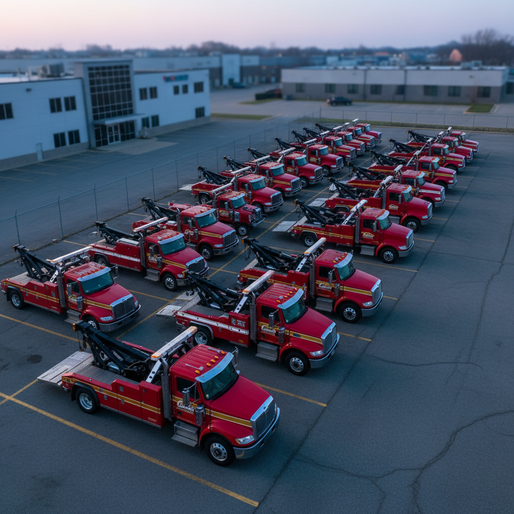 An overhead, bird’s-eye photographic view of a well-maintained fleet of red tow trucks and service vehicles neatly lined up in a paved lot just outside St. Louis at dawn. Each vehicle is parked precisely, showcasing consistent branding, spotless paint, and polished chrome details. Soft, cool morning light with a faint pink horizon casts gentle, long shadows behind the trucks, highlighting their organized arrangement and varying sizes, from light-duty wreckers to flatbeds. The surrounding environment includes a clean, fenced yard and a hint of nearby industrial buildings, slightly blurred to keep emphasis on the fleet. The mood is highly professional and reassuring, communicating scale, readiness, and reliability for commercial and individual clients.