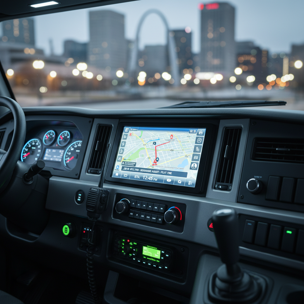 A detailed close-up of a modern digital dispatch screen mounted inside a tow truck cab, displaying an active job for a roadside assistance call in St. Louis. The high-resolution screen shows a city map with a highlighted route, clear icons for the customer’s location, estimated arrival time, and job details. Surrounding the display are clean, black dashboard materials, illuminated instrument gauges, and neatly arranged radio and communication equipment. Soft, cool-white interior lighting balances with faint ambient city lights seen through the windshield, which is intentionally blurred. The photographic composition is shot from the passenger side at a slight angle, with shallow depth of field emphasizing the screen. The atmosphere is high-tech, efficient, and professional, underscoring fast response and modern fleet coordination.